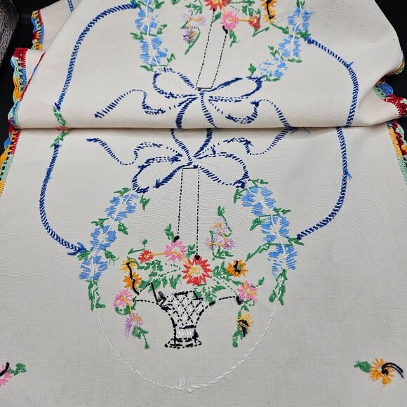 Vintage Hand-Embroidered Linen table runner floral basket design with picot edge - Picture 7 of 9